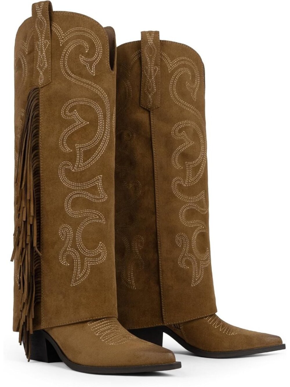 Women's Suede Brown Cowgirl Knee High Half Zipper Boots Pointy Toe Chunky Heel - Picture 6 of 6